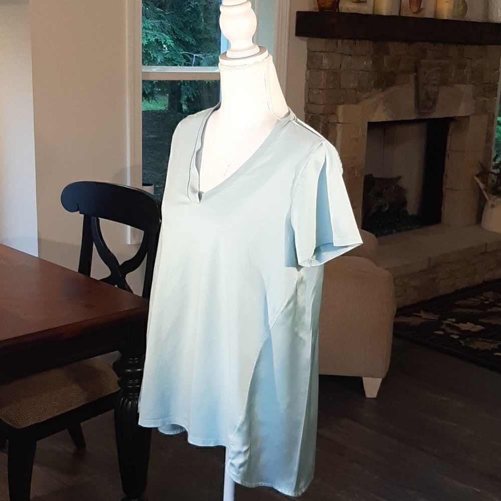 Light Blue Hi Low Silky Back Vee Neck Blouse